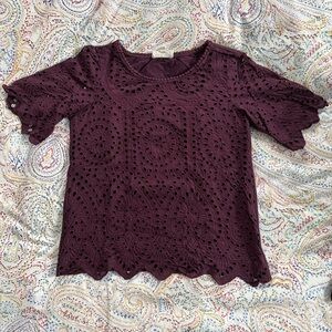 Anthropologie burgundy plum embroidered eyelet top